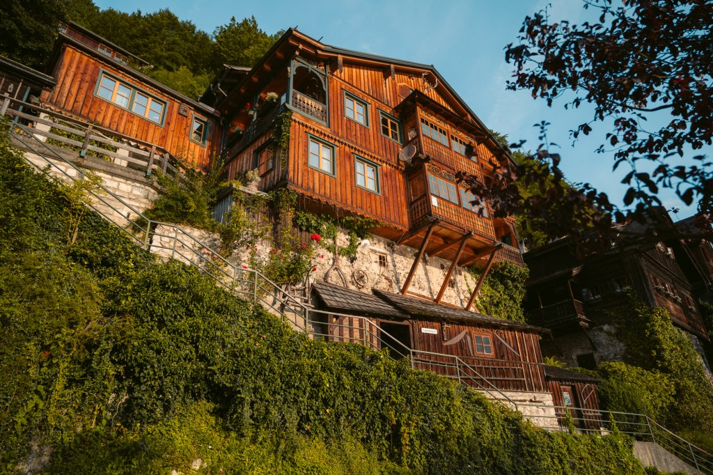 Beautiful wooden houses in Hallstatt, Austria along the lake.