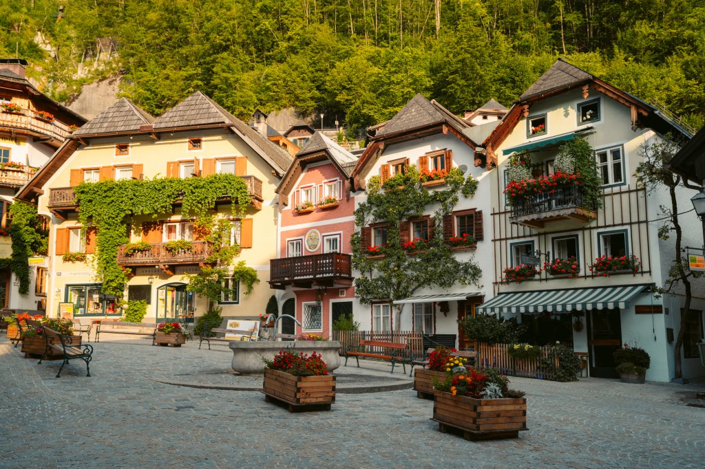 Gorgeous houses in Hallstatt, Austria in the central square Marktplatz.