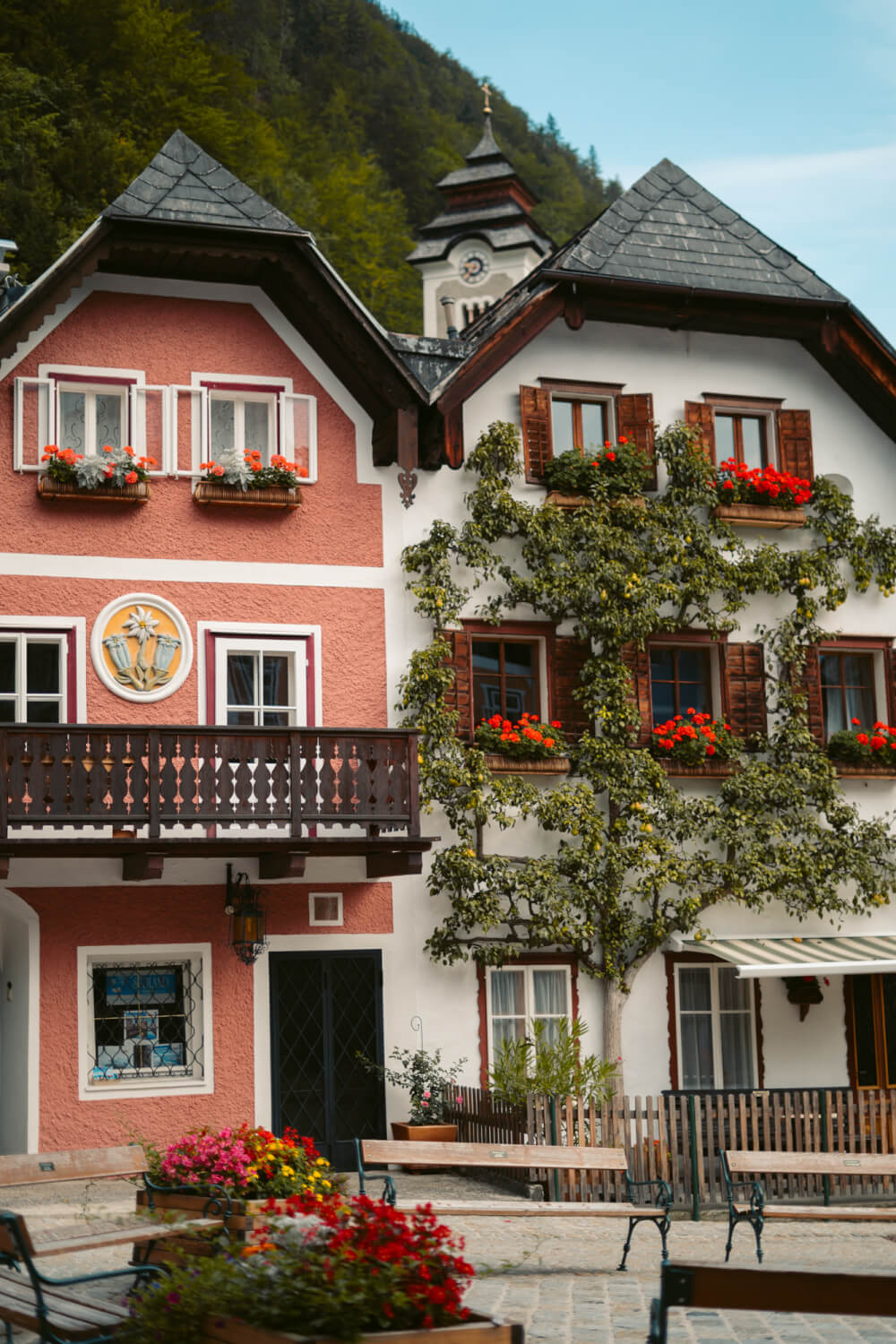 Beautiful houses in the Marktplatz of Hallstatt, Austria.