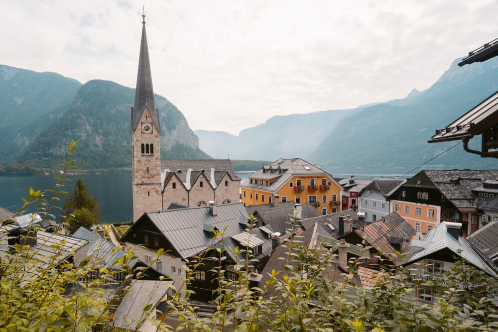 A view above Hallstatt, Austria overlooking the village's Evangelical Church.