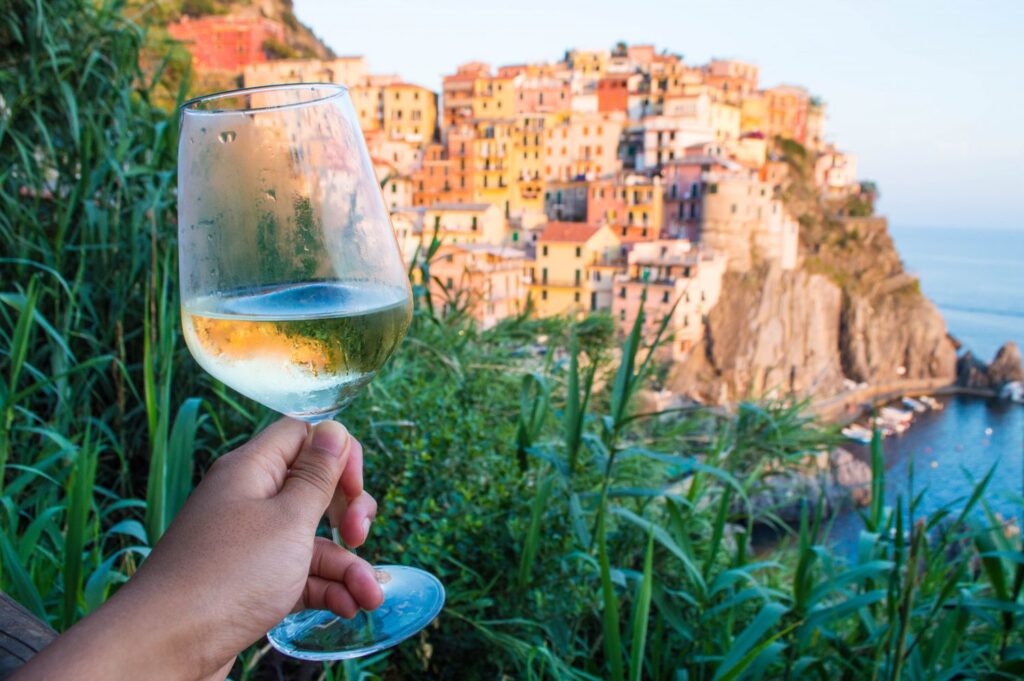 Wine glass in front of Cinque Terre view