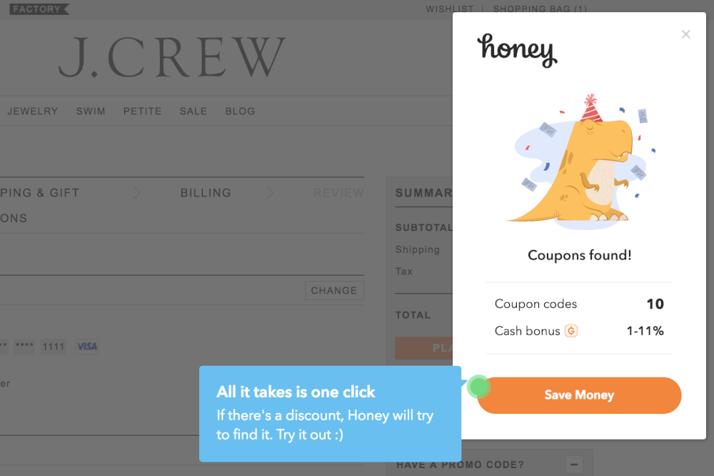 Screenshot of Honey, a Google chrome extension that finds coupons automatically