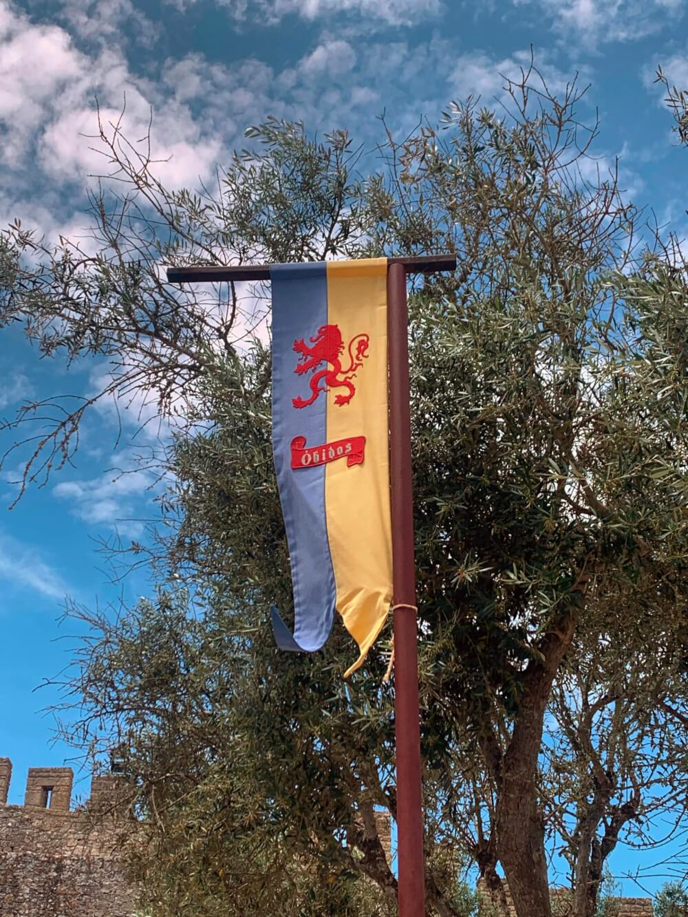 An "Obidos" banner with the city symbol of a mythical creature flying in the wind. 
