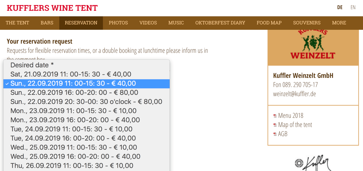 Kufflers Weinzelt reservation system