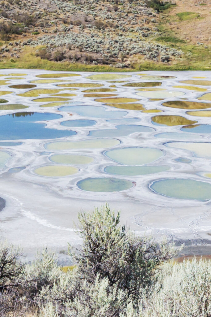 Polka dotted lake with blue and yellow spots in Osoyoos, BC, Canada