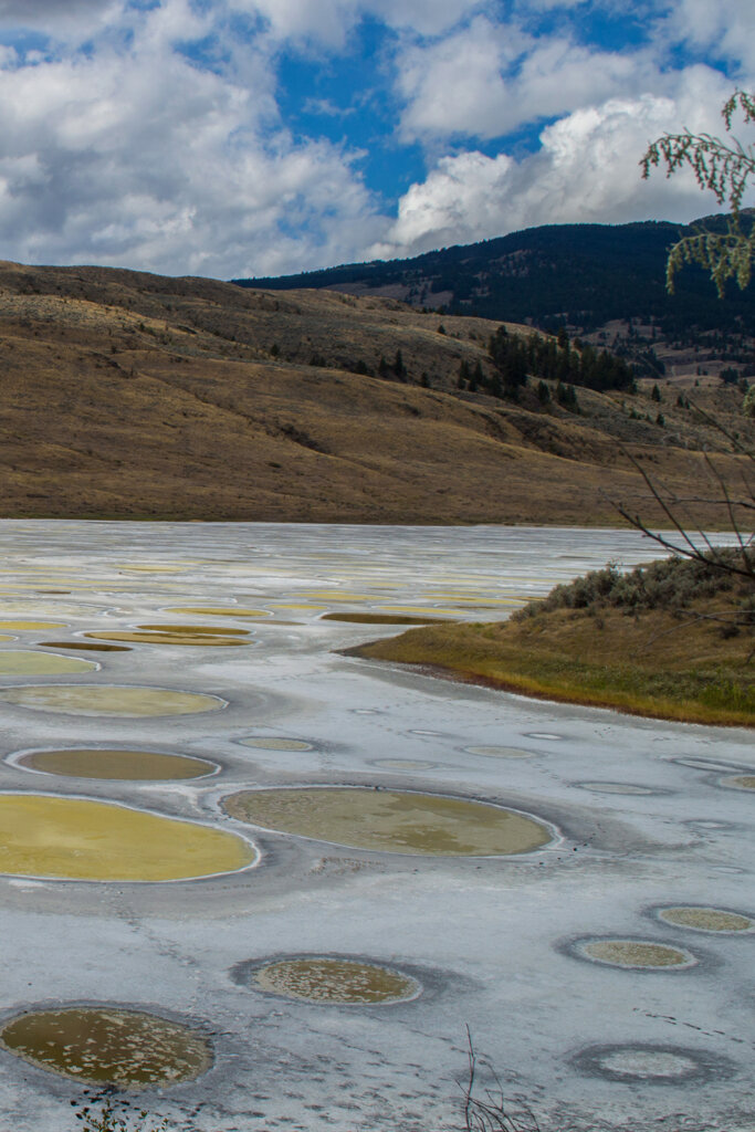 Polka dotted lake with blue and yellow spots in Osoyoos, BC, Canada