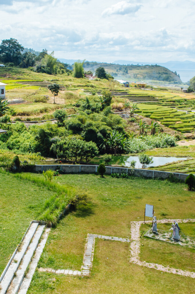 View of rice paddies and mountains at Lake Toba