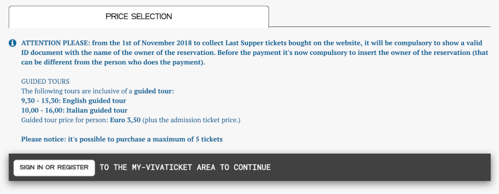 Screenshot of the ticket buying process for the last Supper in Milan, Italy