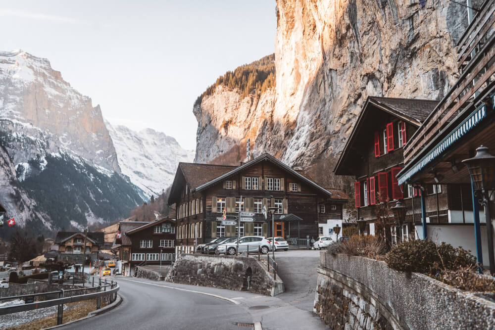 A magical view of Lauterbrunnen, Switzerland from the main street