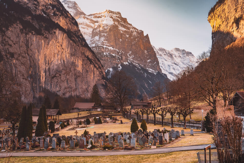 A view of Lauterbrunnen cemetery in Lauterbrunnen Switzerland