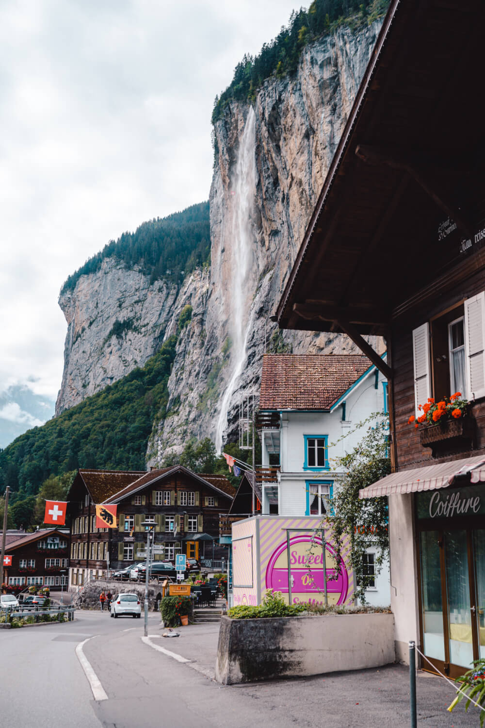 Beautiful view of Lauterbrunnen's main street in Switzerland.