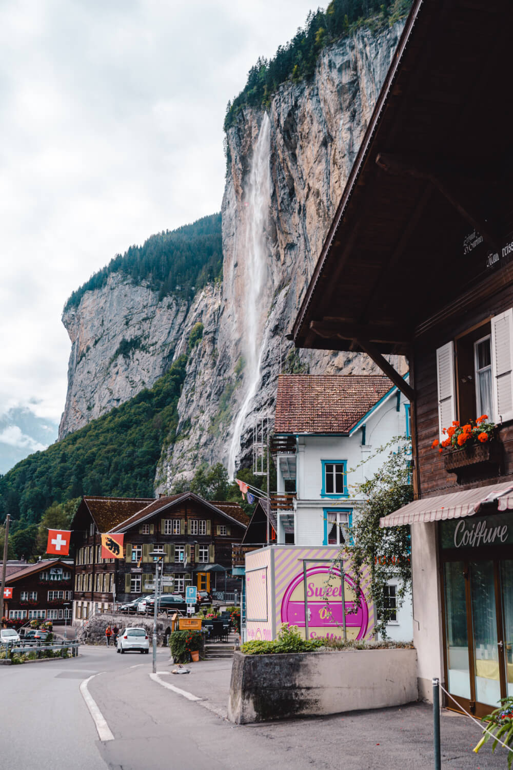 Lauterbrunnen view from main street in Switzerland