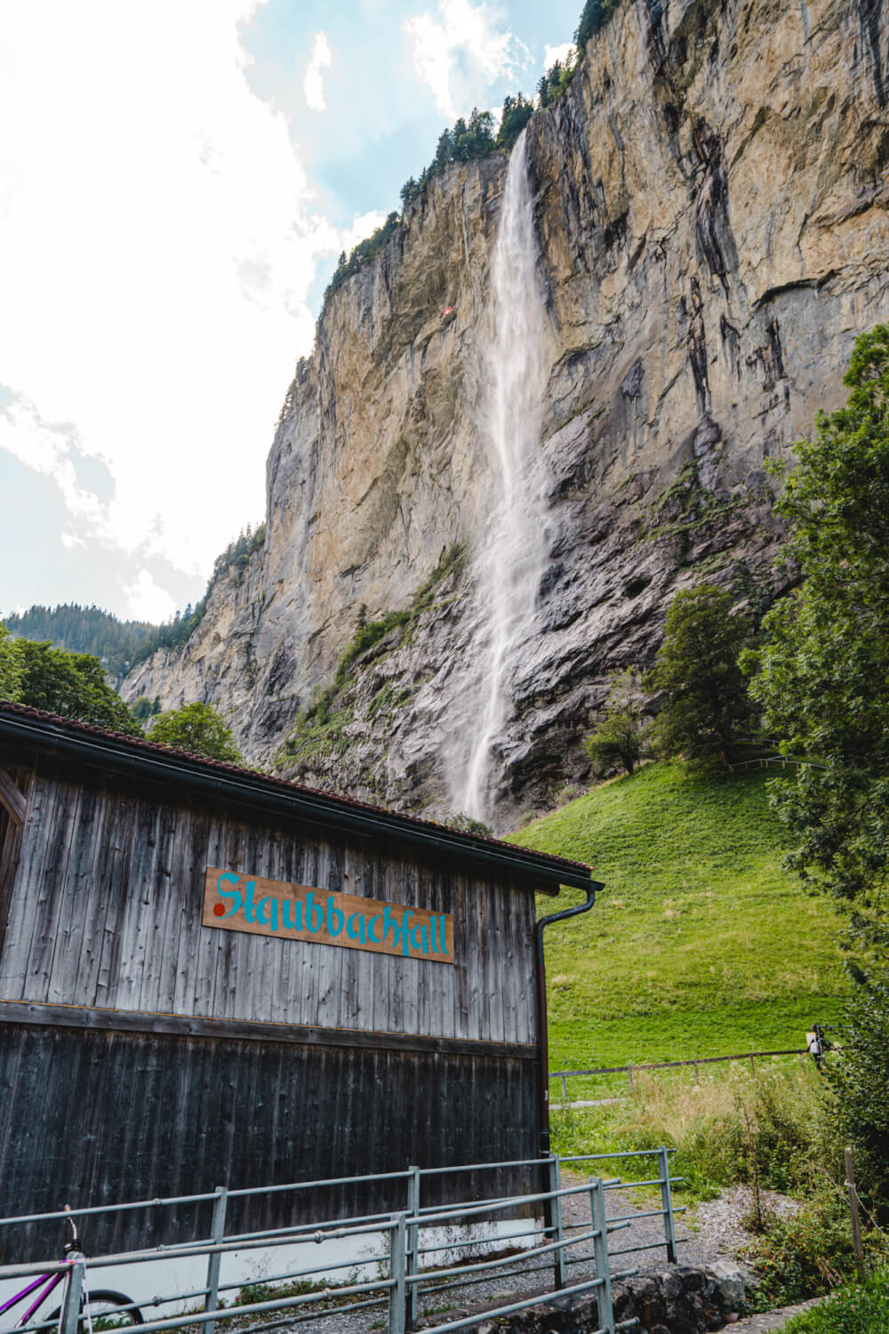 A view of Staubbach Falls in the summer time in Lauterbrunnen, Switzerland.