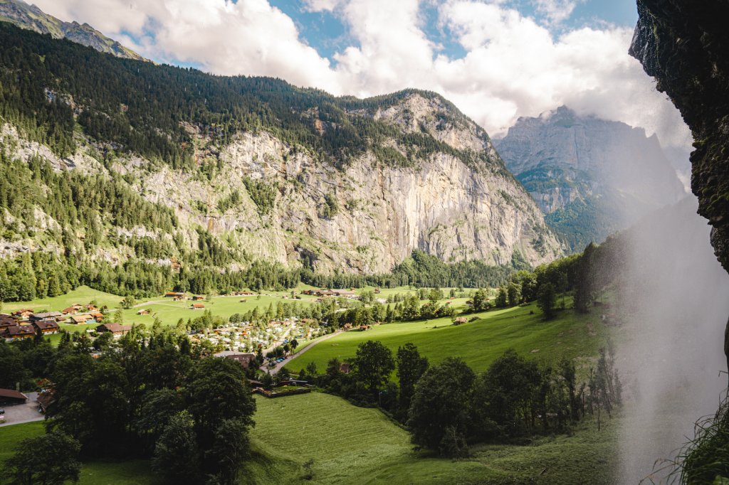 A view behind Staubbach Falls in Lauterbrunnen.