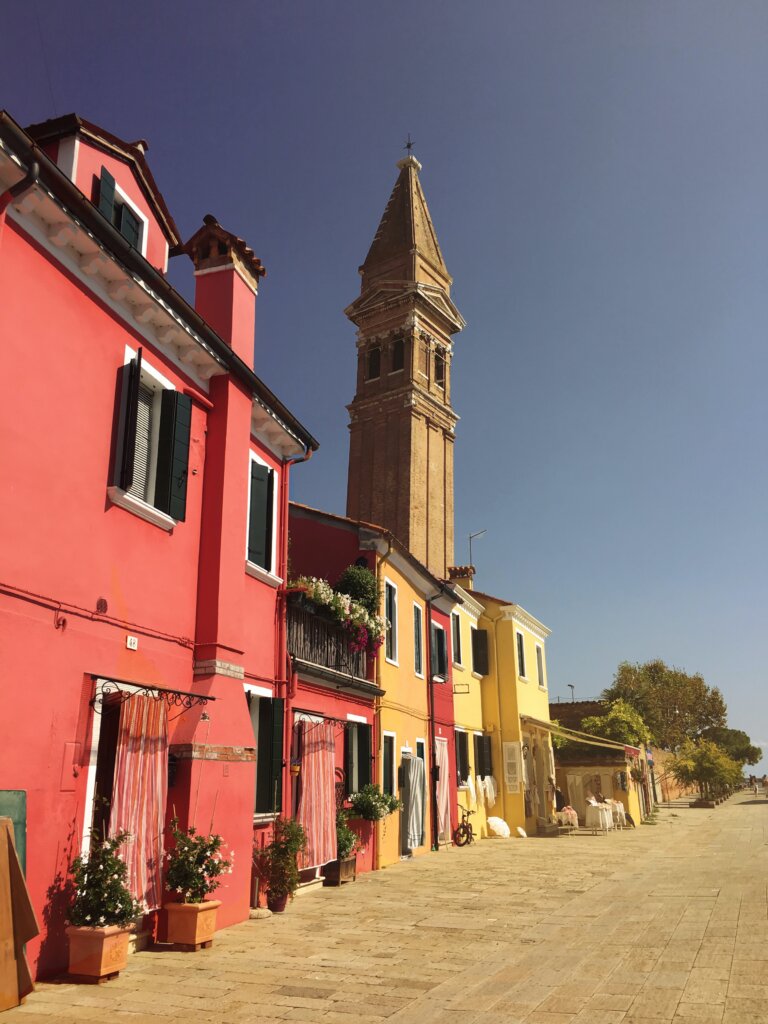 Leaning church tower in Burano, Italy