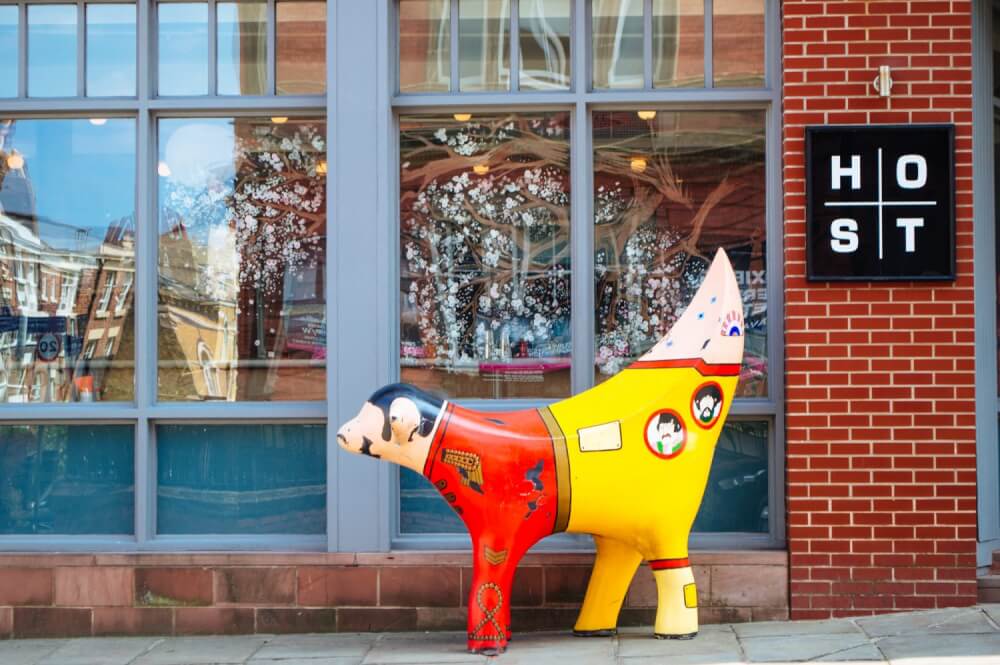 A fun sculpture in Liverpool, England with the Beatles painted on it.