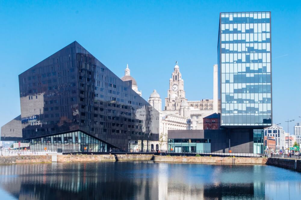 A view of the modern skyline in Liverpool, England.