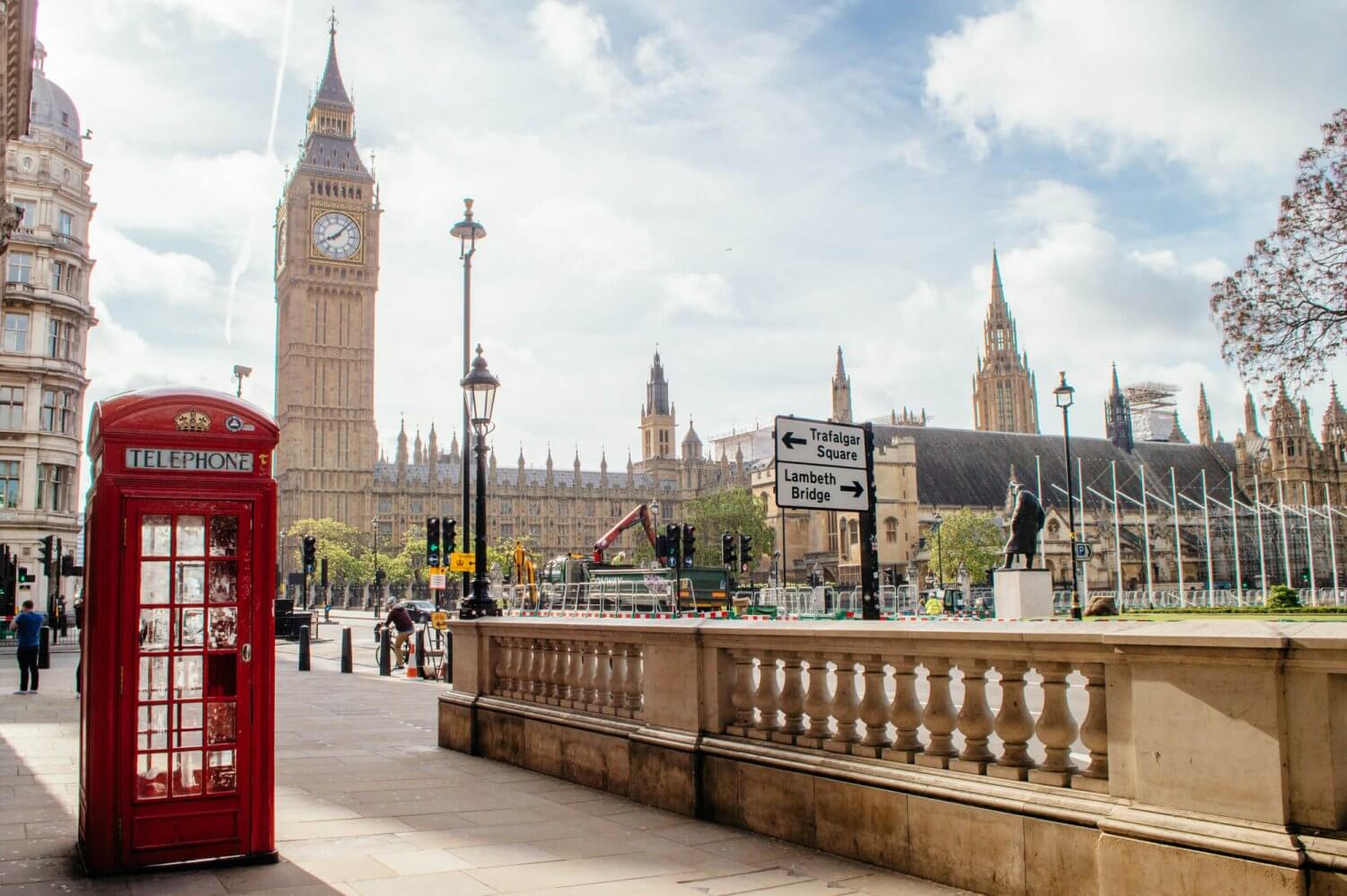 Iconic photo of London featuring Big Ben and a red phone booth