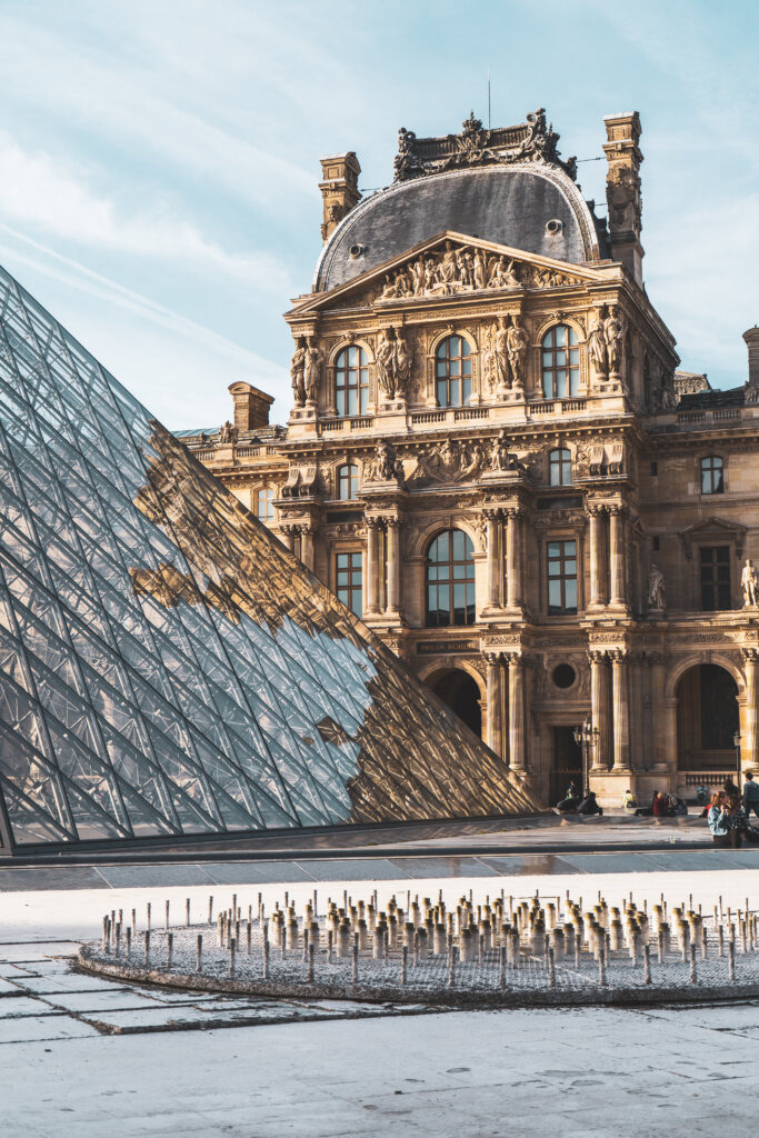 Glass pyramid installation in the courtyard of the Louvre Museum in Paris, France