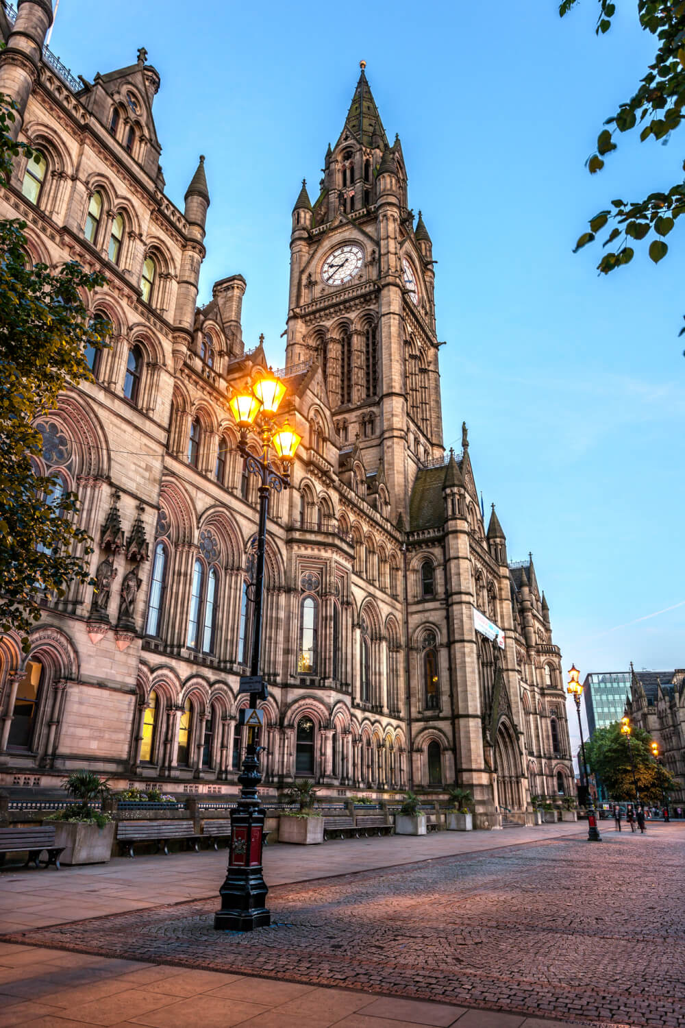 Beautiful night view of an old gorgeous building in Manchester, England.