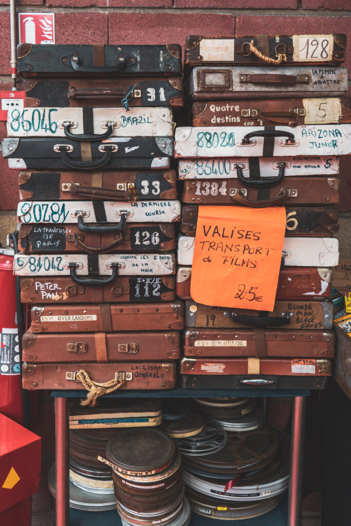 Vintage suitcases at a flea market in Paris