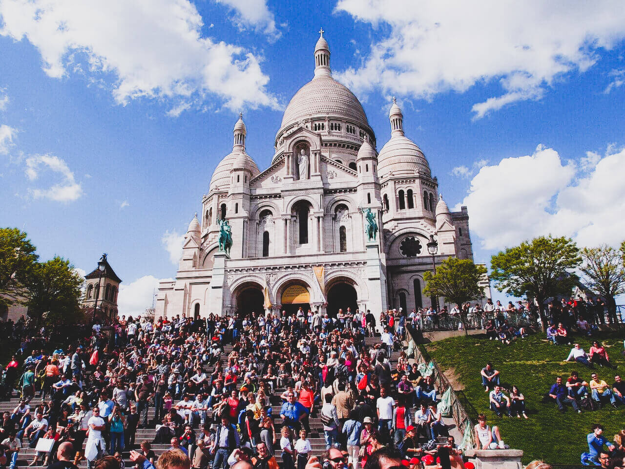 Crowds at Sacre Coeur Basilica in Montmartre, Paris, France