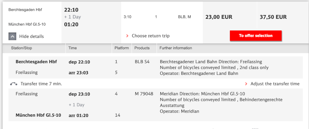 Screenshot of train schedule from Munich to Berchtesgaden