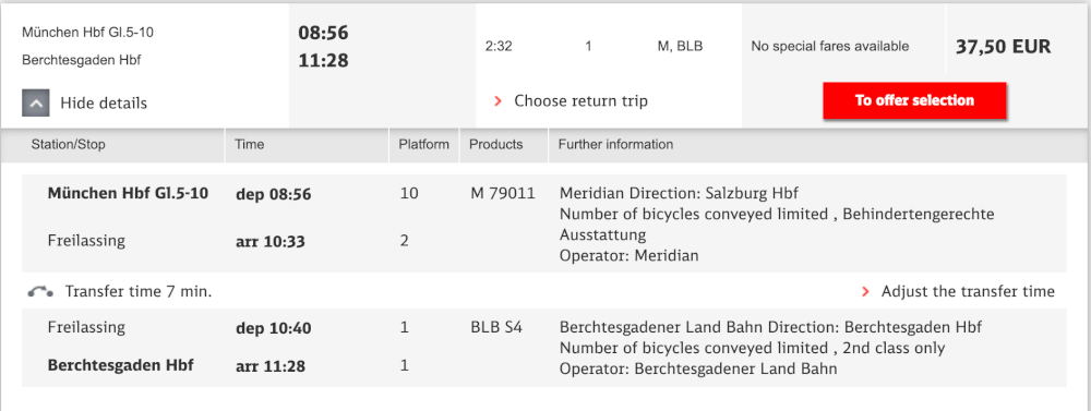 Munich to Berchtesgaden train screenshot from DB website