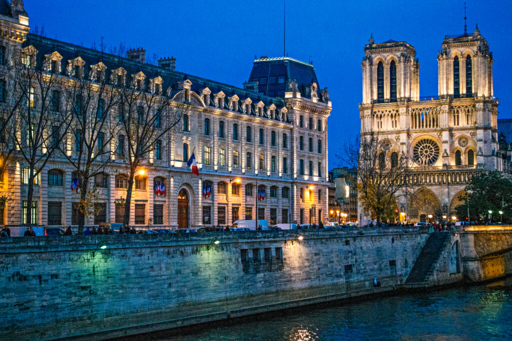 Notre dame cathedral at blue hour in Paris France