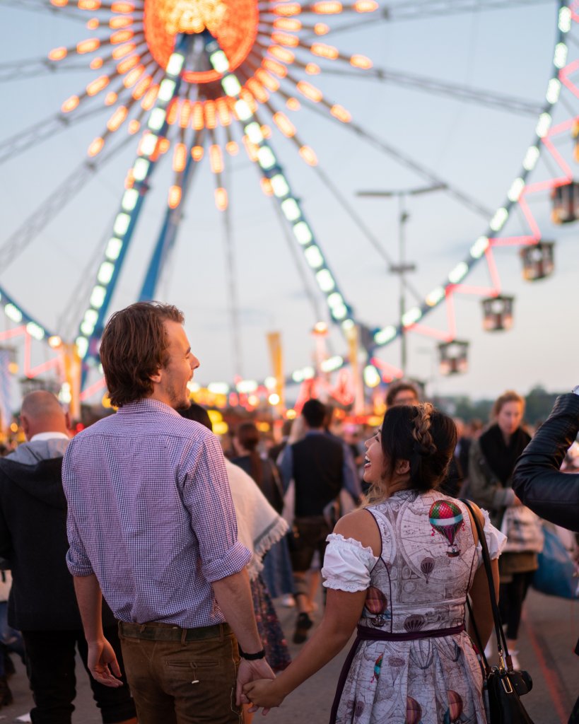 Couple at Oktoberfest in Munich, Germany wearing traditional clothes