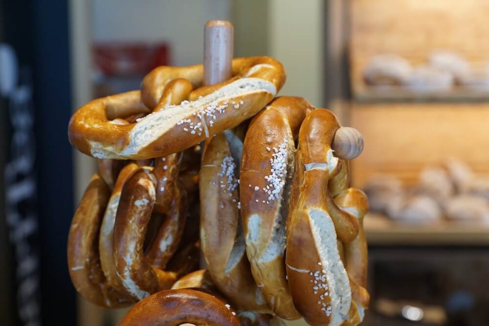 Baked Bavarian pretzels on display 