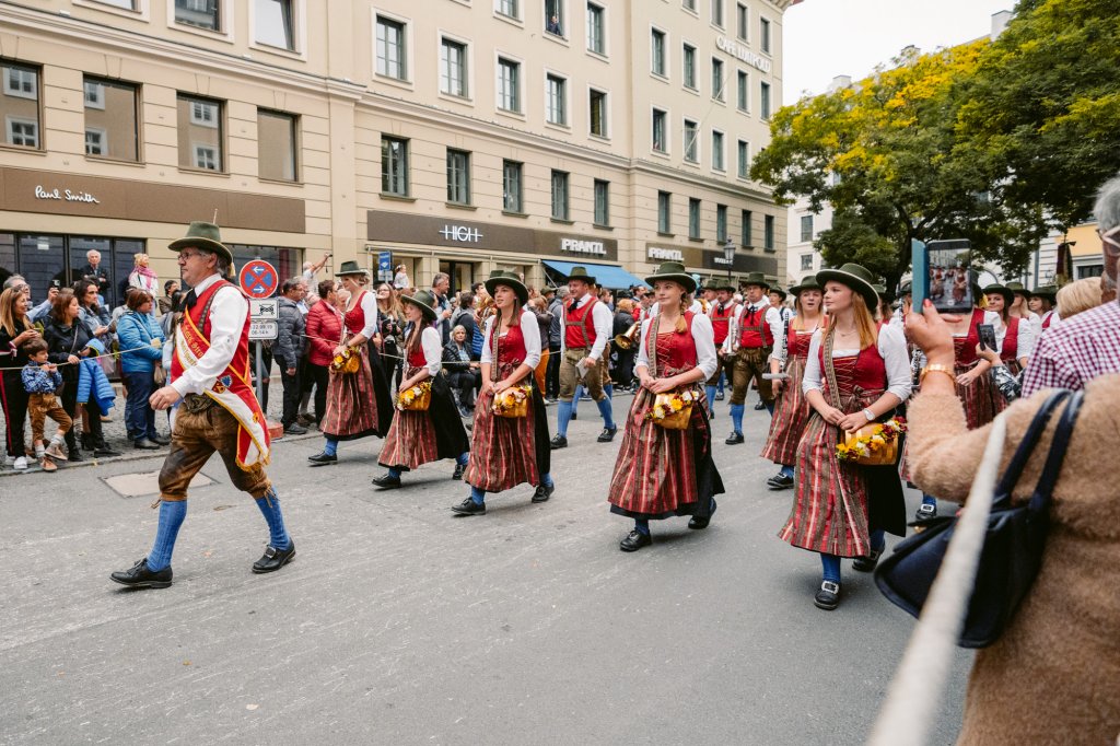 Women wearing traditional Bavarian dirndls during a trachten parade in Munich, Germany