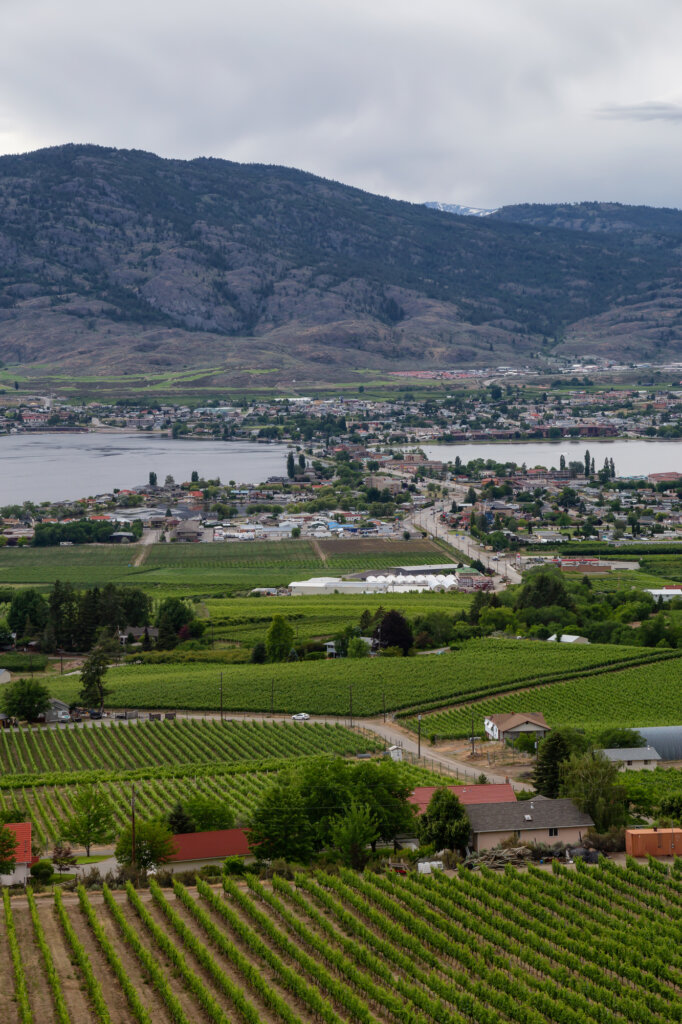 Aerial view of Osoyoos, BC, Canada with the town in view