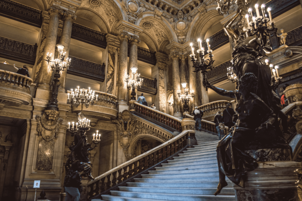 The beautiful staircase at the Palais Garnier in Paris, France