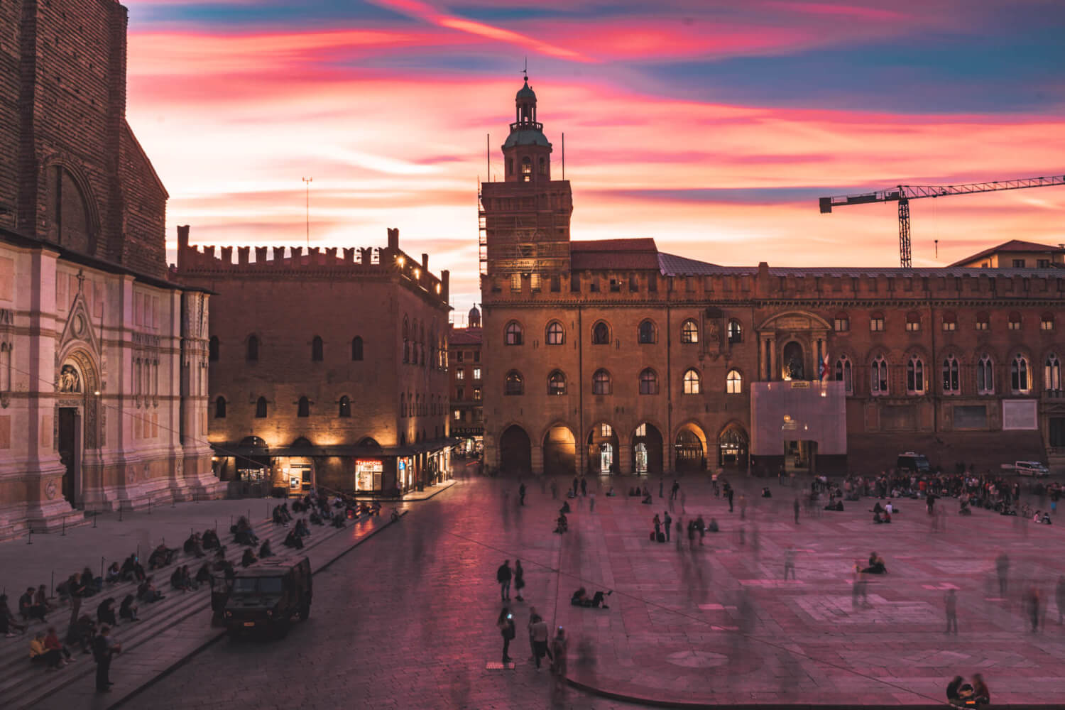 Sunset in Piazza Maggiore, Bologna, Italy