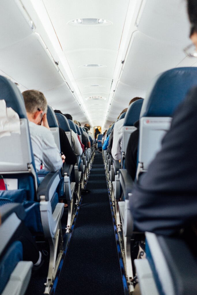 Airplane seats as seen from the middle aisle