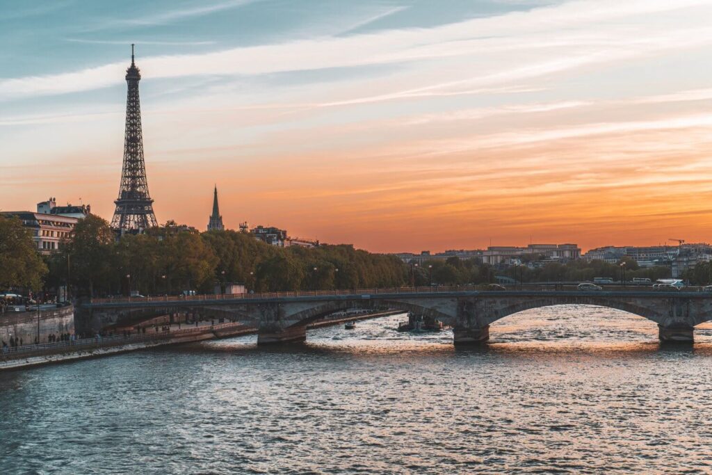 Sunset along the Seine with the Eiffel Tower in the distance