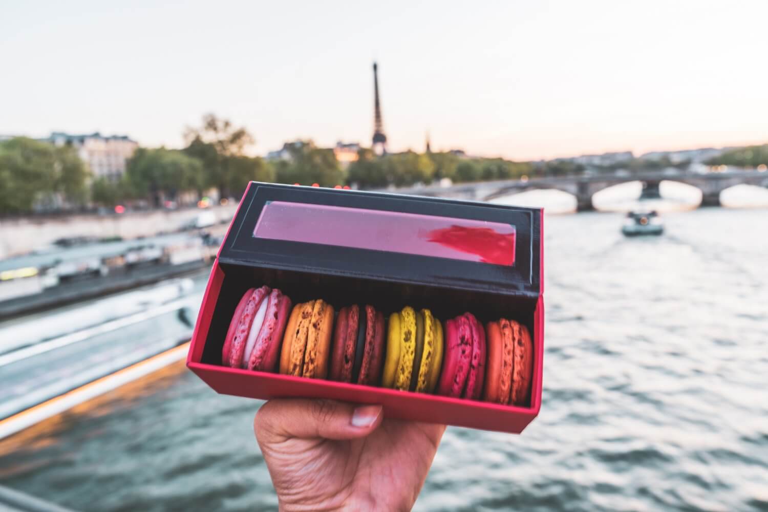 Colourful macarons held out in front of the Seine in Paris, France