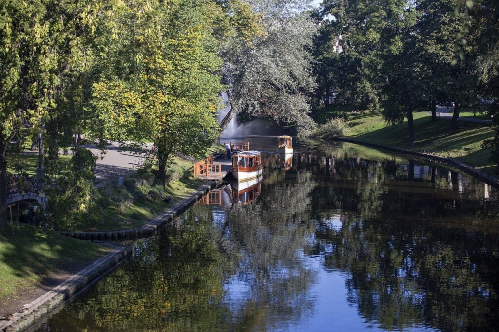 Boat on a river in Bastejkalns Park in Riga, Latvia