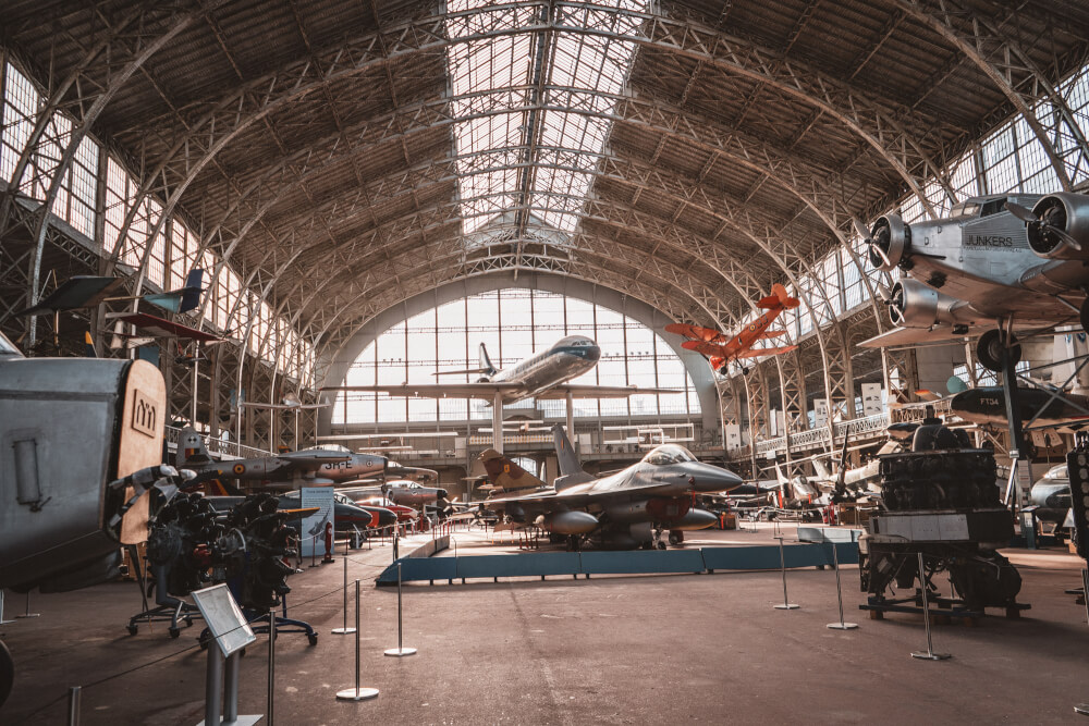 Old airplanes in an airplane hangar at the Royal Museum of the Armed Forces in Brussels