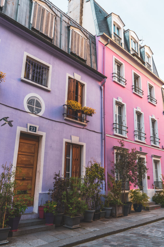 Pink and purple house on Rue Cremieux in Paris, France