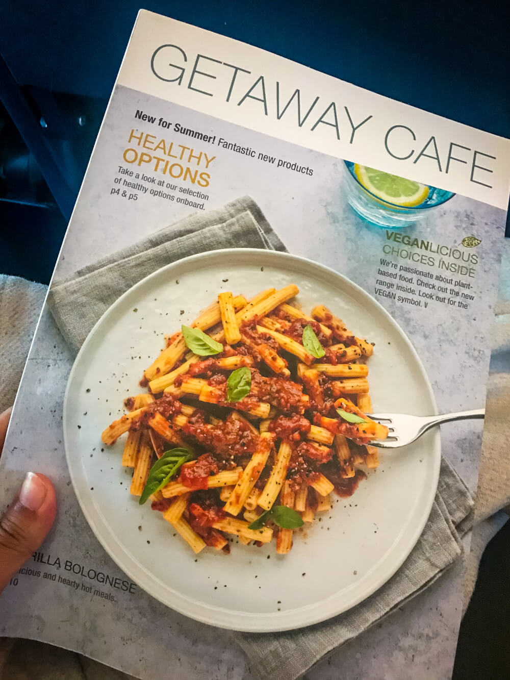 Cover of RyanAir food menu with a plate of pasta on the cover