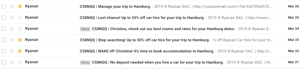 Screenshot of email inbox full of RyanAir emails
