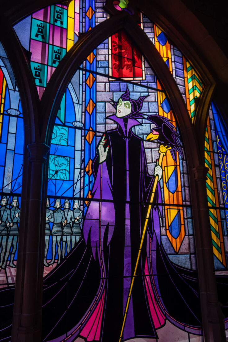 Stained glass inside the Disneyland Paris castle at Disneyland Park in Marne la Vallee, France