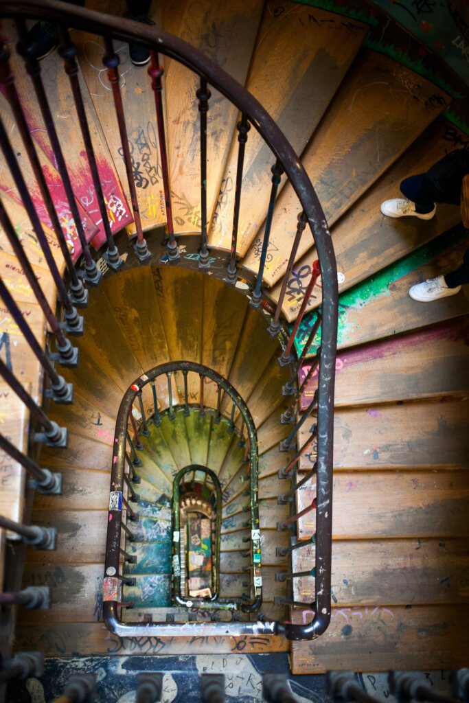 Overhead shot of a winding staircase in Paris