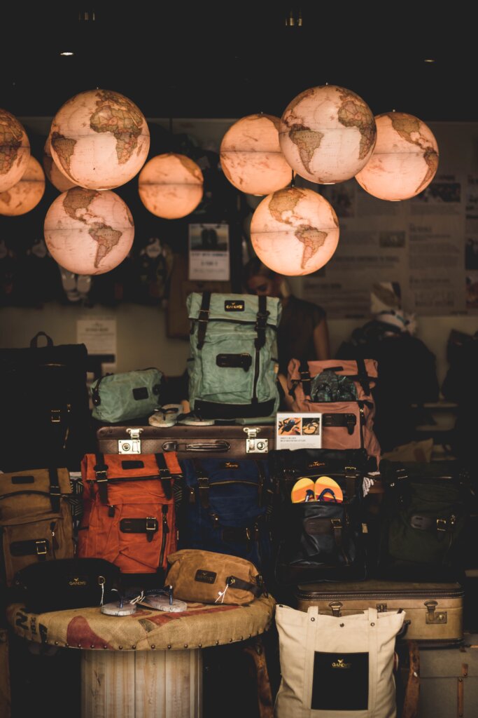 Travel backpacks on display in a retail shop