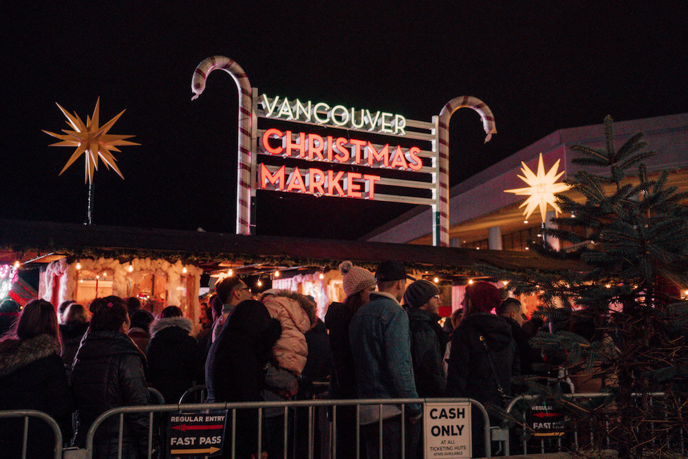 Long line-up at entrance of Vancouver Christmas Market in Vancouver, Canada