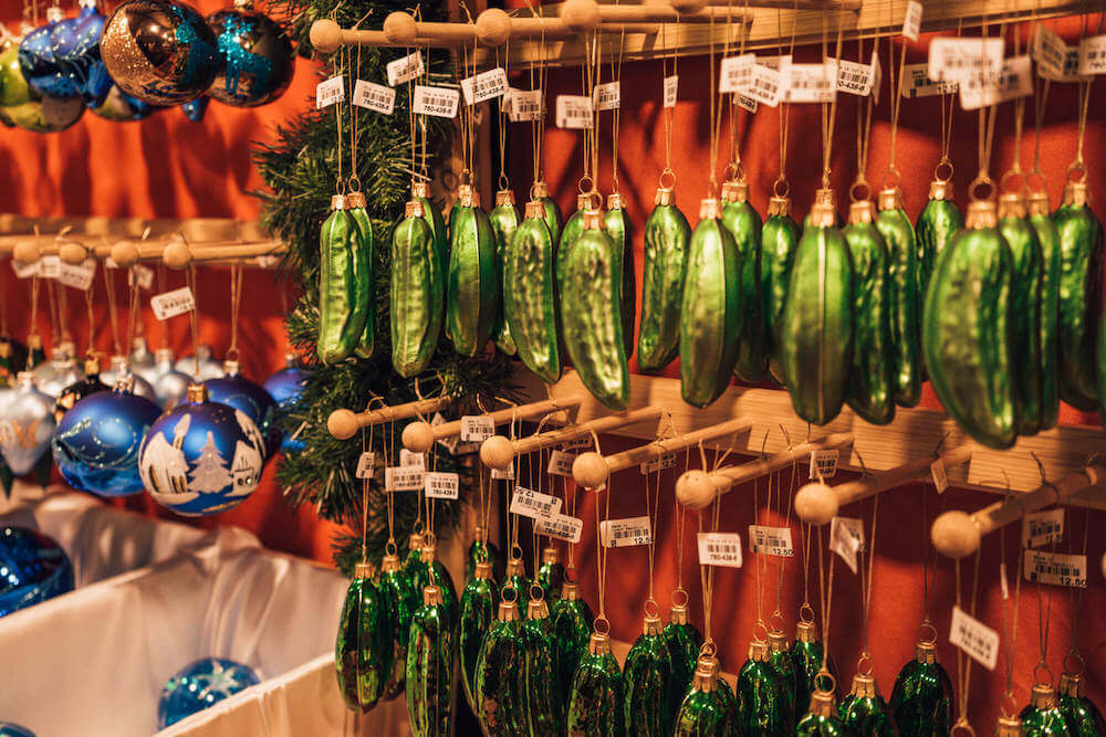 Pickle ornaments Vancouver Christmas Market in Vancouver, Canada