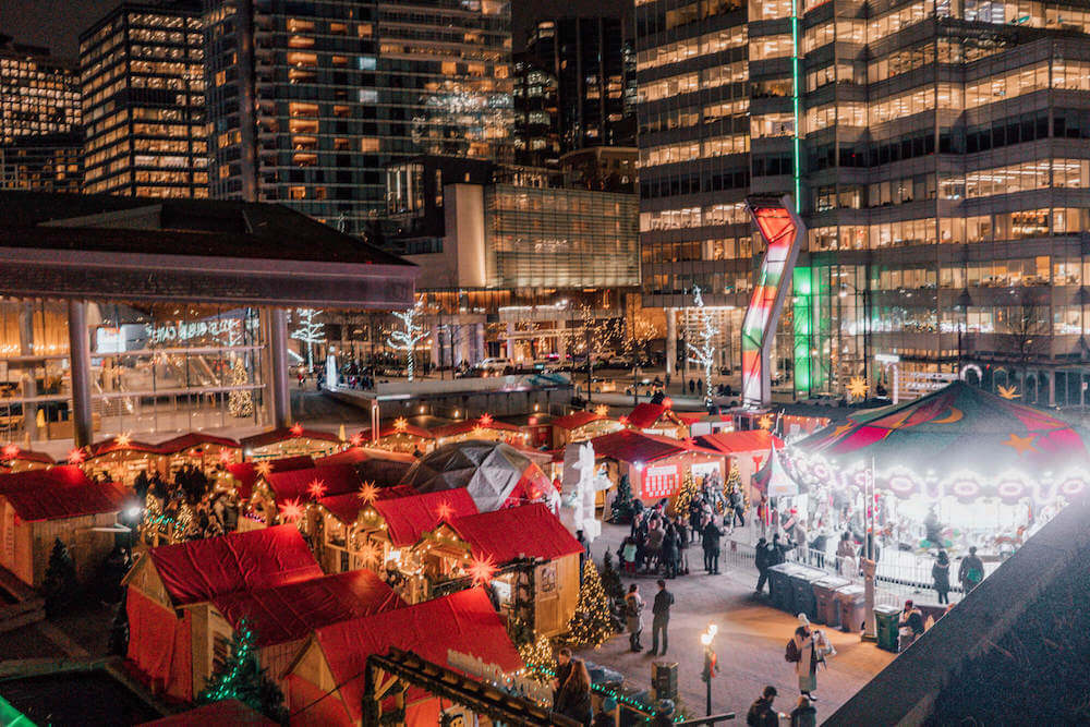  Night time overview shot of the Vancouver Christmas Market in Vancouver, Canada