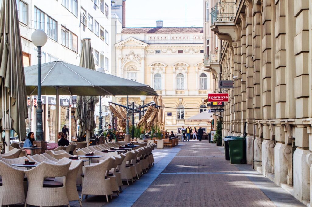 Side street with an open restaurant terrace in Zagreb, Croatia